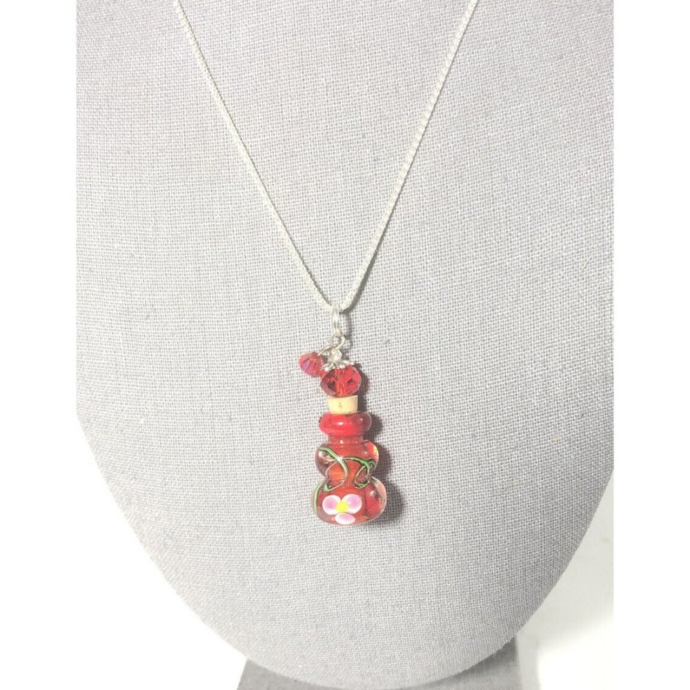 Lampwork Glass Jar Necklace .925 Sterling Silver 18” Chain. Red Flower Charm